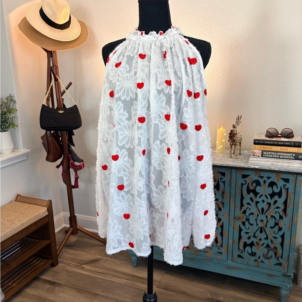 White and Red Heart Blouse